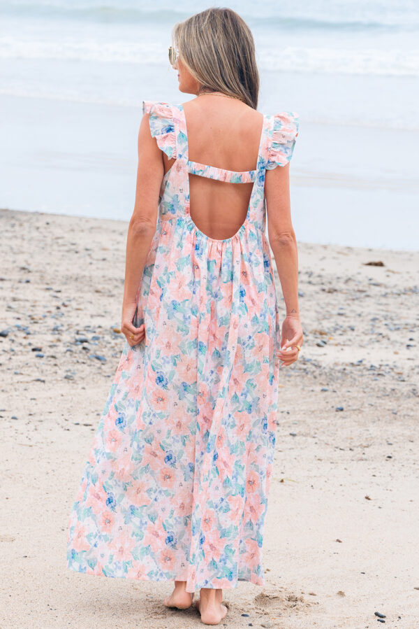 Pink Floral Print Square Neck Backless Long Dress with Slit - Image 2