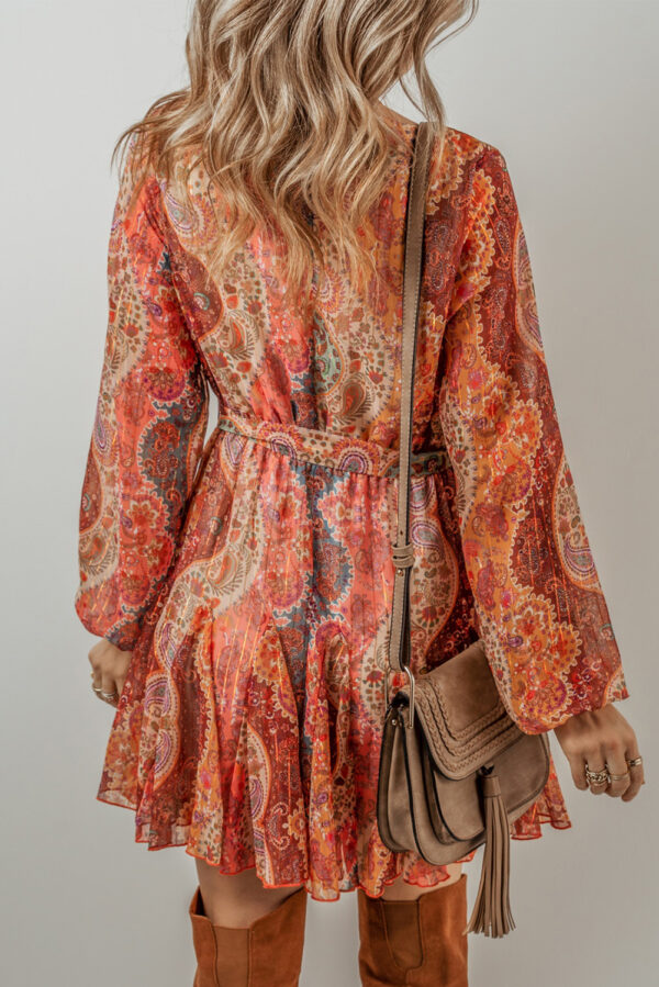 Orange Boho Paisley Print Long Sleeve Pleated Belted Mini Dress - Image 2