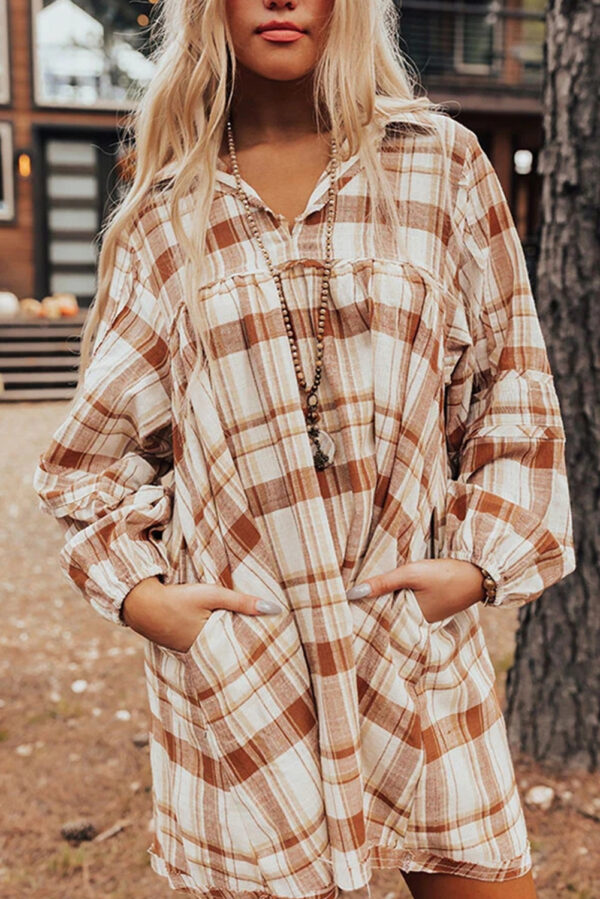 Brown Plaid Print Side Pockets Frilled Babydoll Mini Dress - Image 3