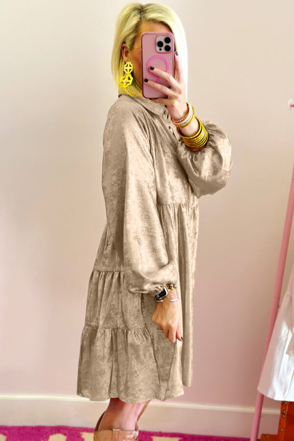 Apricot Metallic Sheen Puff Sleeve Button Up Mini Shirt Dress - Image 2
