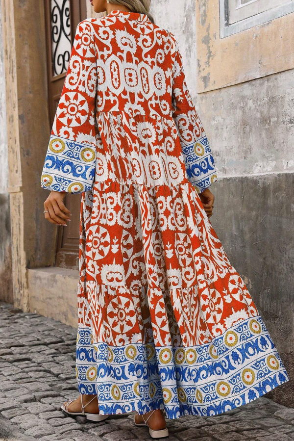 Orange Boho Geometric Printed Long Sleeve Maxi Dress - Image 2