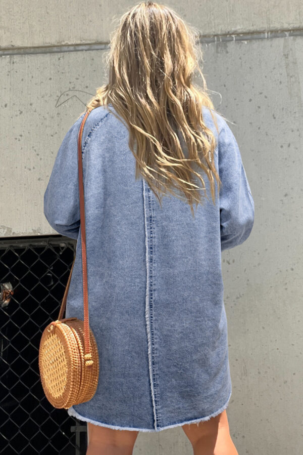 Beau Blue Mineral Wash Long Sleeve Button Up Raw Hem Pocketed Denim Dress - Image 2