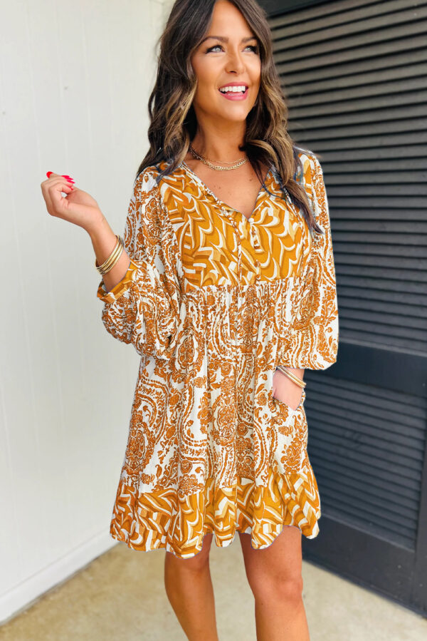 Orange Bohemian Print Puff Sleeve Tied V Neck Flared Mini Dress - Image 2