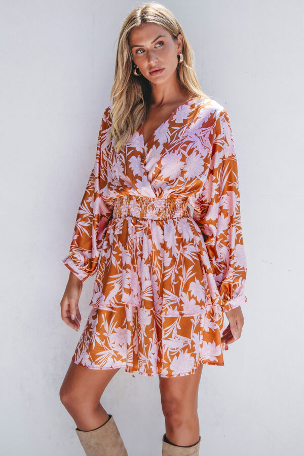 Brown Floral Puff Sleeve Smocked Waist Layered Dress - Image 3