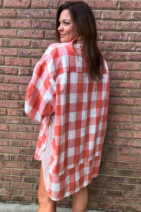 Pink Oversized Plaid Puff Sleeve Round Hem Shirt Dress - Image 2