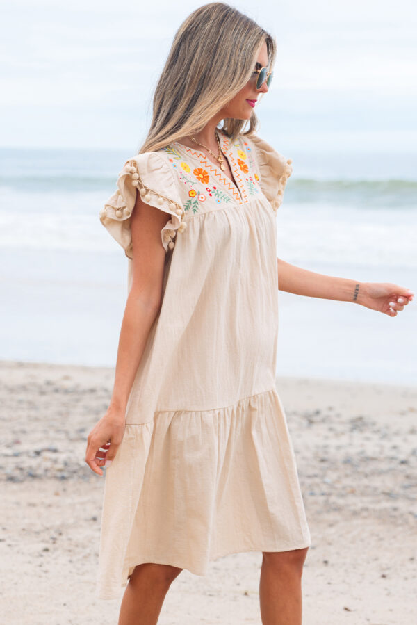 Jet Stream Linen Embroidery Split Neck Pom Pom Ruffle Sleeves Flowy Short Dress - Image 3
