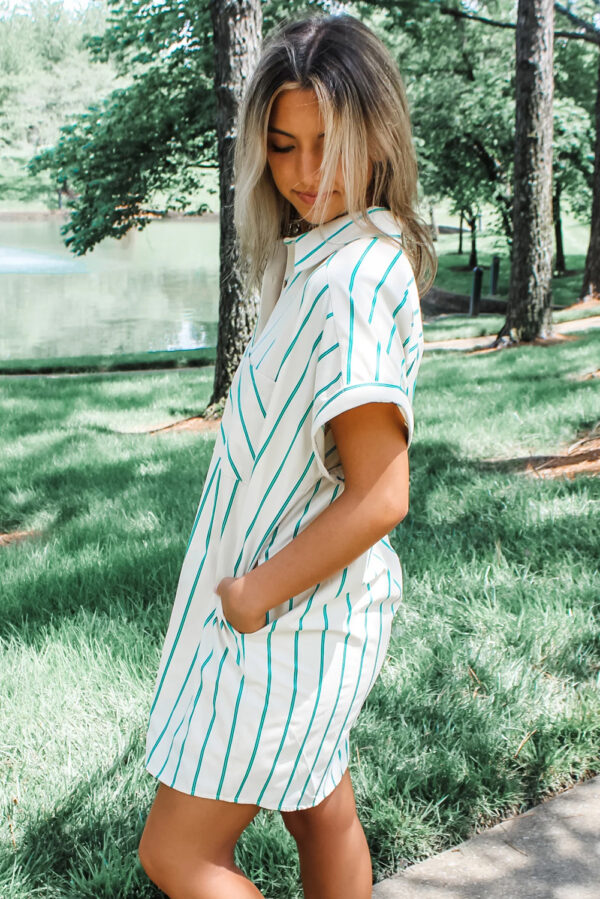 Mint Green St Patricks Striped Wide Short Sleeve Shift Mini Shirt Dress - Image 2