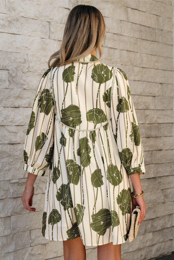 Guacamole Green Floral Striped Print Contrast Piping Puff Sleeve Dress - Image 2