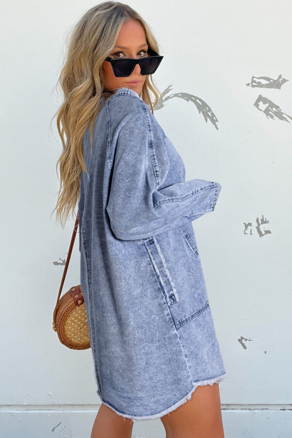 Beau Blue Mineral Wash Long Sleeve Button Up Raw Hem Pocketed Denim Dress - Image 3