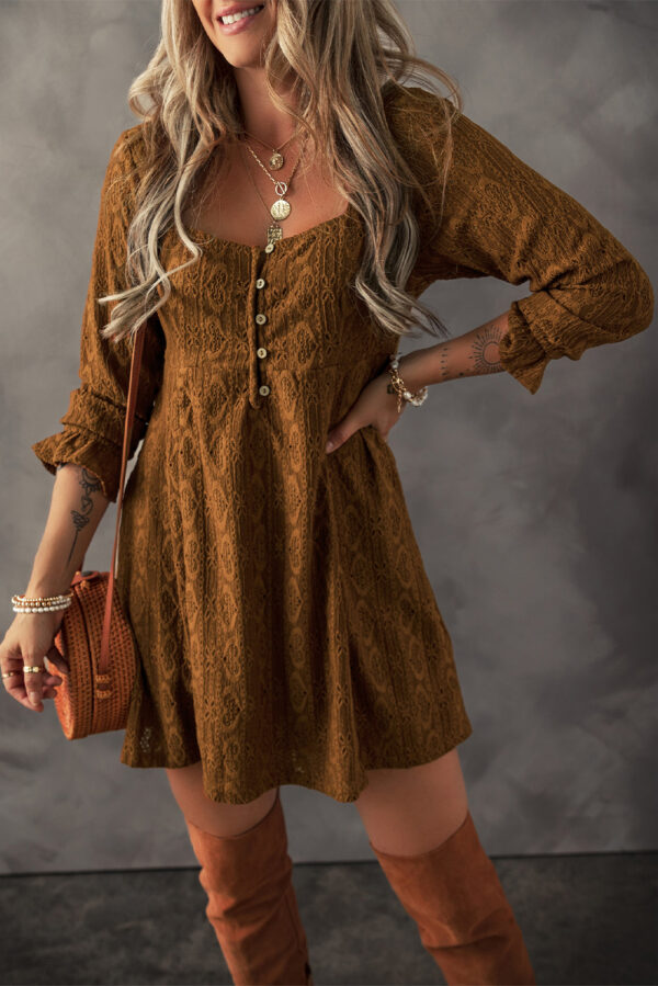 Chestnut Lace Crochet Buttoned Square Neck Shift Mini Dress - Image 3