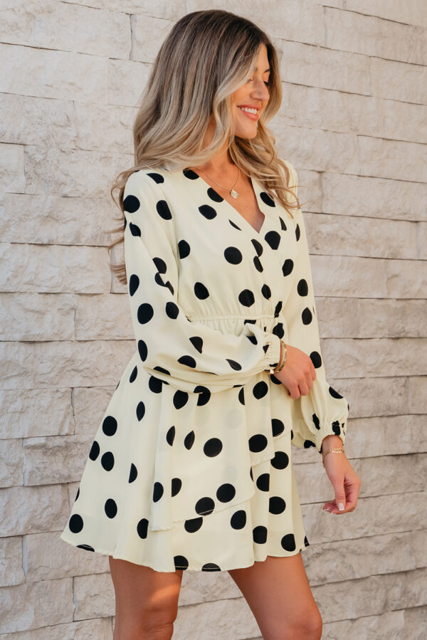 Beige Polka Dot Printed Surplice V Neck Puff Sleeve Mini Dress - Image 3