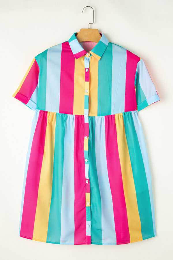 Rose Stripe Colorblock Short Sleeve Mini Shirt Dress - Image 3