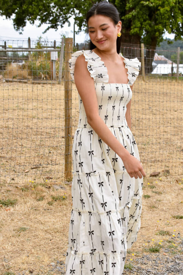 Black Bow Print Smocked Square Neck Ruffle Tiered Maxi Dress - Image 3
