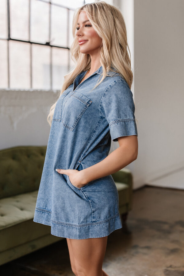 Beau Blue Short Sleeve Collared Patched Pocket Denim Mini Dress - Image 3