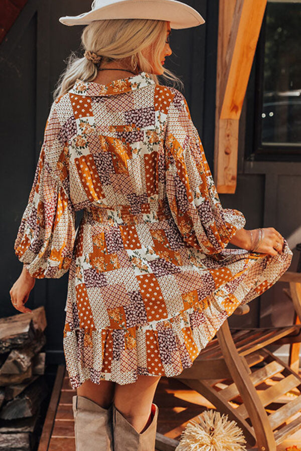 Orange Boho Floral Puff Sleeve Smocked Waist Mini Shirt Dress - Image 2