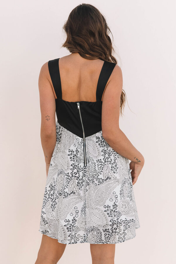 Black Sleeveless Leather Bustier Patchwork Paisley Floral Chiffon Dress - Image 2