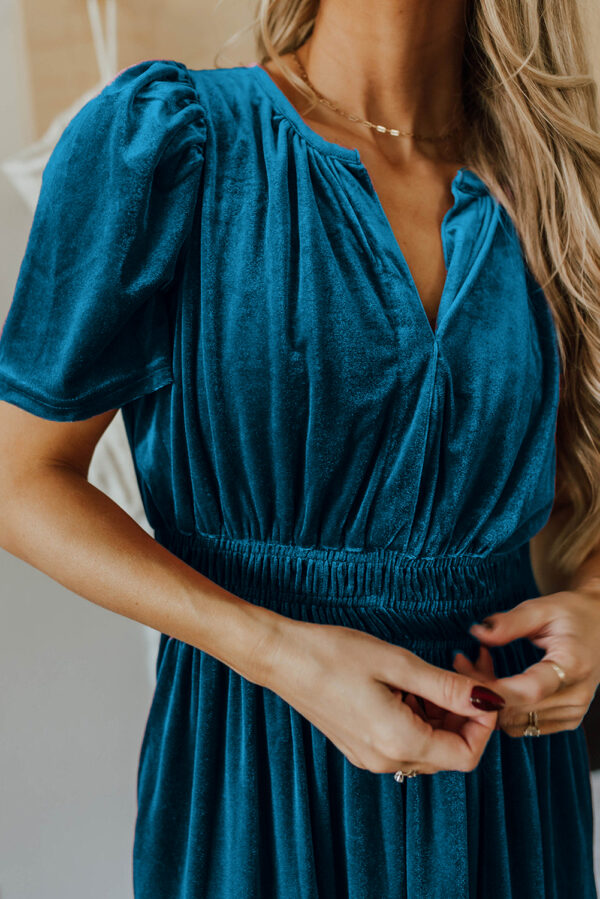 Prussian Blue Velvet Short Sleeve Shirred Waist Tiered Maxi Dress - Image 3