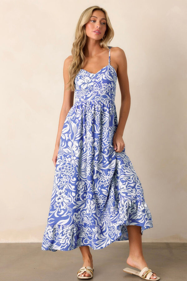 Sky Blue Floral Print Spaghetti Strap High Waist Maxi Dress - Image 3
