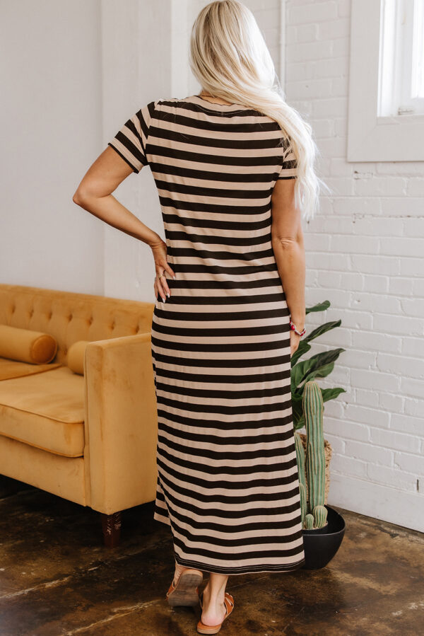 Black Stripe Casual Round Neck T-shirt Maxi Dress with Pockets - Image 2