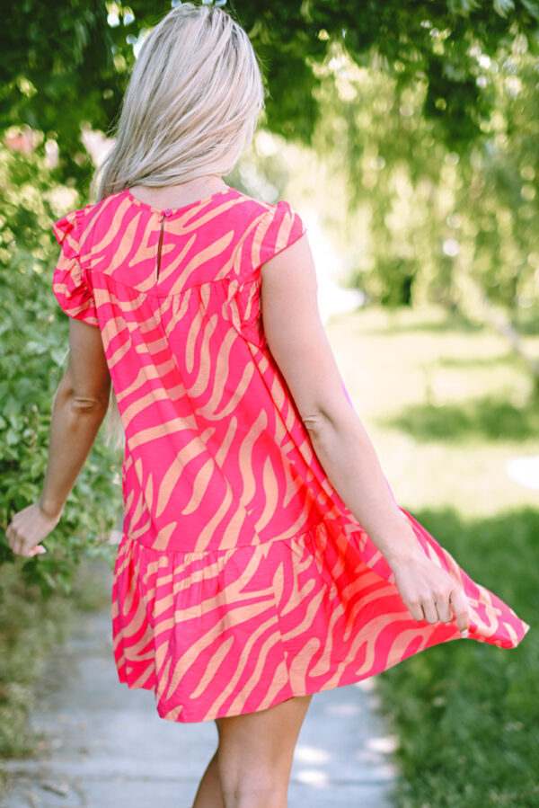 Pink Zebra Stripe Printed Ruffle Trim Pocketed Dress - Image 2