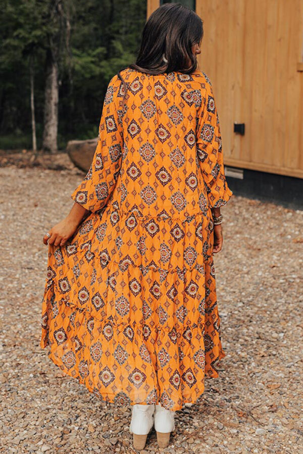 Orange Western Geometric Print Tiered Frilled Loose Fit Midi Dress - Image 2