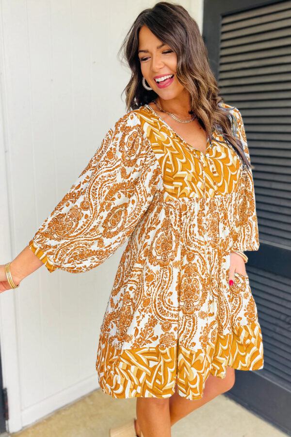 Orange Bohemian Print Puff Sleeve Tied V Neck Flared Mini Dress - Image 3