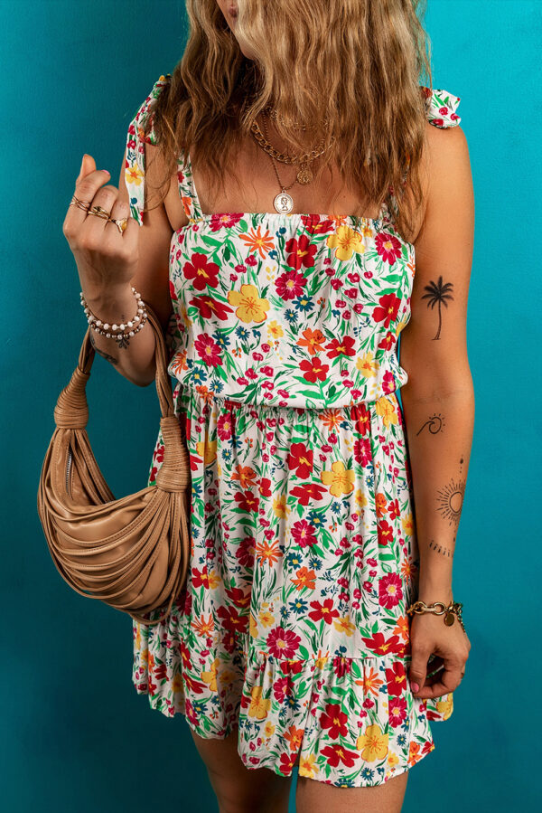 Red Floral Knotted Straps Cinched Waist Ruffle Hem Mini Dress - Image 3
