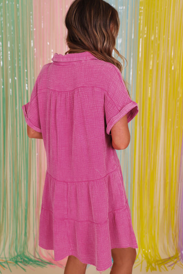 Strawberry Pink Mineral Wash Crinkle Split Neck Raw Hem Tiered Dress - Image 2