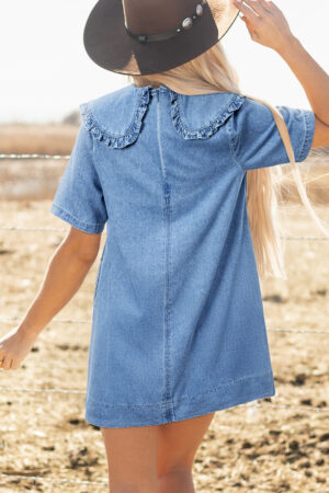 Beau Blue Frilled Peter Pan Collar Loose Denim Short Dress