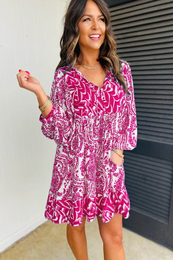 Orange Bohemian Print Puff Sleeve Tied V Neck Flared Mini Dress - Image 8