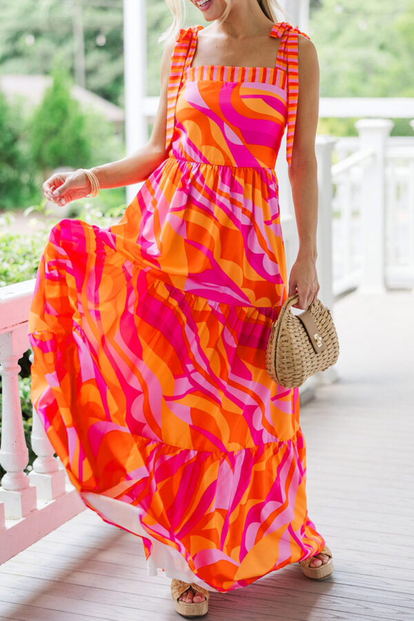 Red Abstract Print Knotted Shoulder High Waist Maxi Dress - Image 3