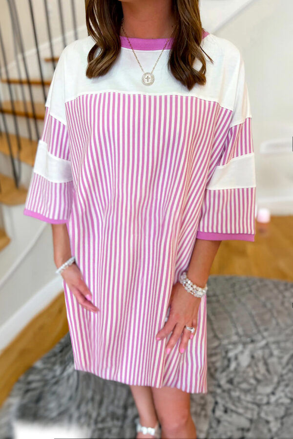 Phalaenopsis Striped Patchwork Three Quarters Sleeve Loose Mini Dress - Image 2