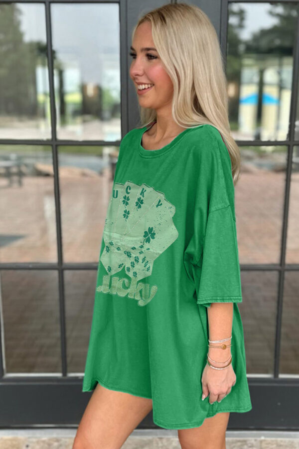 Bright Green Rhinestone Lucky Poker Cards Oversized T Shirt Mini Dress - Image 2