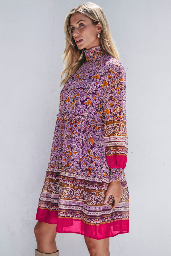 Purple Floral Smocked Puff Sleeve High Neck Mini Dress - Image 3