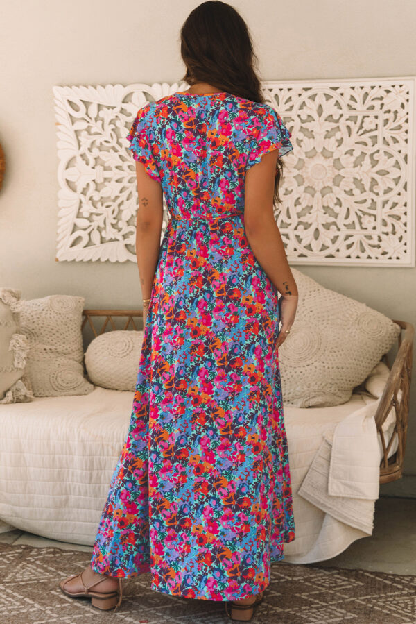 Blue Floral Print V Neck Wrap Split Maxi Dress - Image 2