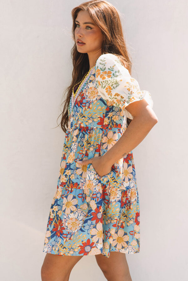 Multicolour Boho Floral Print Crochet Patchwork V Neck Loose Mini Dress - Image 3
