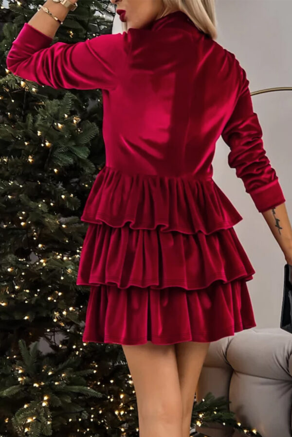 Racing Red Velvet High Neck Tiered Ruffle Mini Dress - Image 2