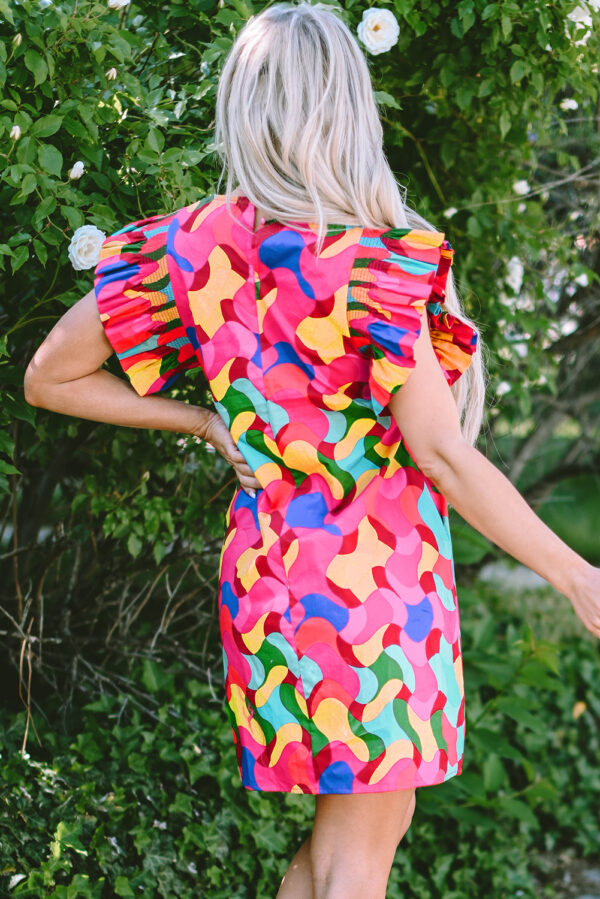 Rose Red Abstract Print Ruffle Sleeve Shift Dress - Image 2
