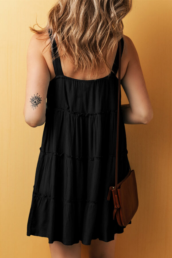 Black Button V Neck Frilly Tiered Sleeveless Dress - Image 2
