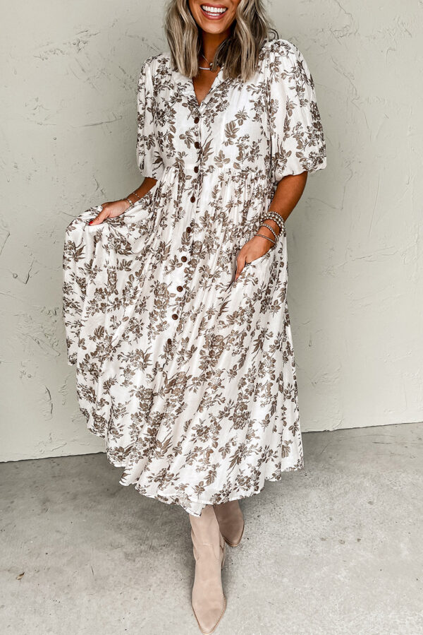 Khaki Floral Puff Sleeve V Neck Buttoned Front Maxi Dress - Image 2