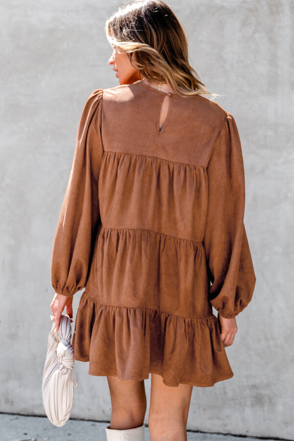 Chestnut Floral Lace Crochet Tiered Ruffled Mini Dress - Image 2