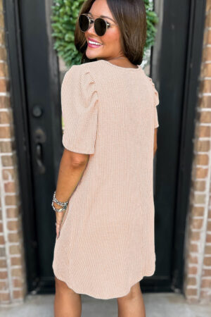 Mint Green Corded Knit Crew Neck Puff Sleeve Shift Mini Dress