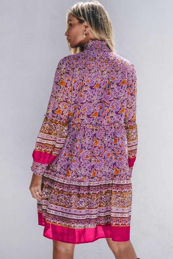 Purple Floral Smocked Puff Sleeve High Neck Mini Dress - Image 2