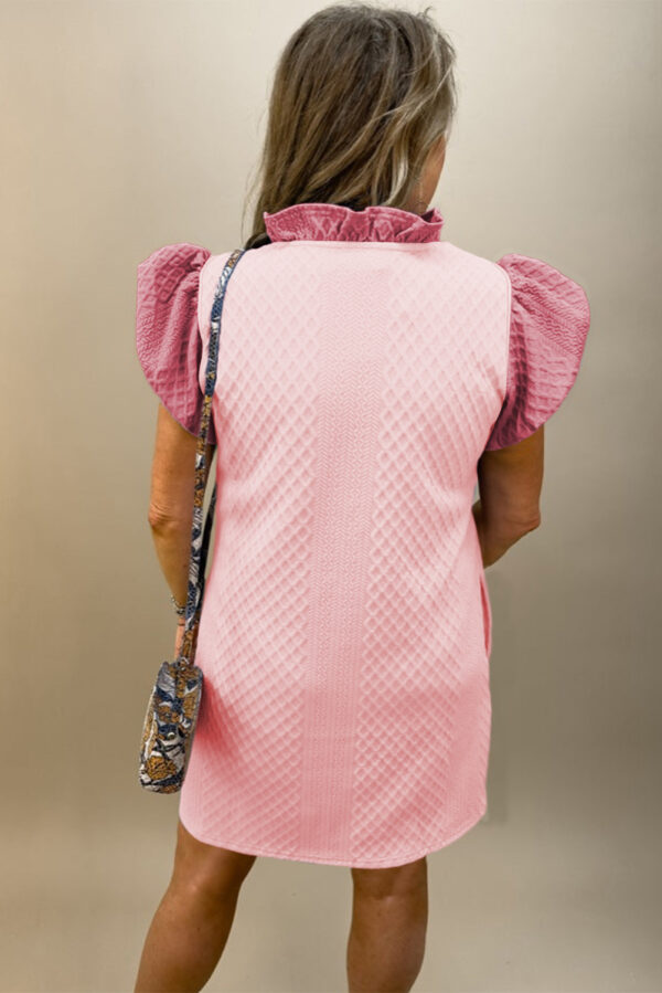 Light Pink Textured Puff Sleeve Ruffled V Neck Shift Mini Dress - Image 2