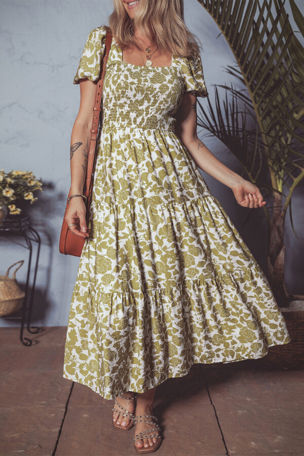 Yellow Boho Floral Square Neck Smocked Bust Puff Sleeve Tiered Long Dress - Image 3