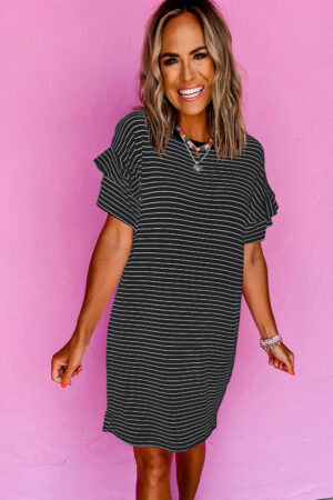 White Stripe Ruffled Short Sleeve Crew Neck T Shirt Shift Mini Dress