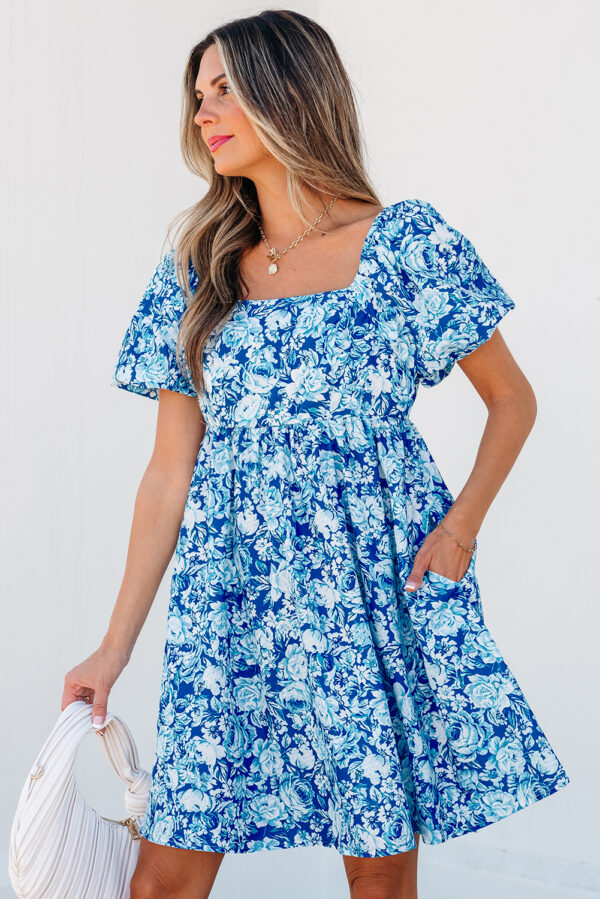 Blue Floral Puff Sleeve Babydoll Mini Dress - Image 3