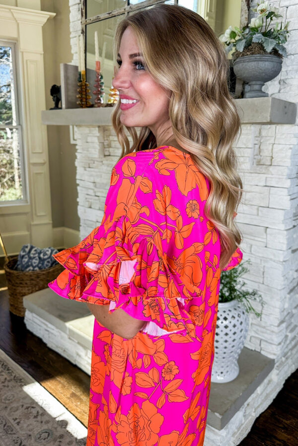 Pink Voluminous Ruffled Sleeve Floral Dress - Image 2
