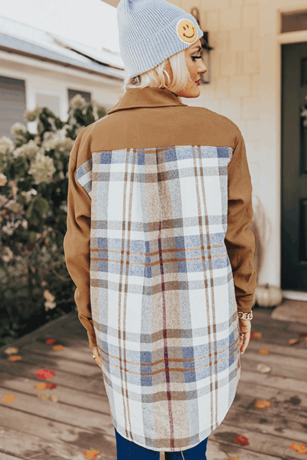 Khaki Plaid Patchwork Long Sleeve Shirt Mini Dress - Image 2