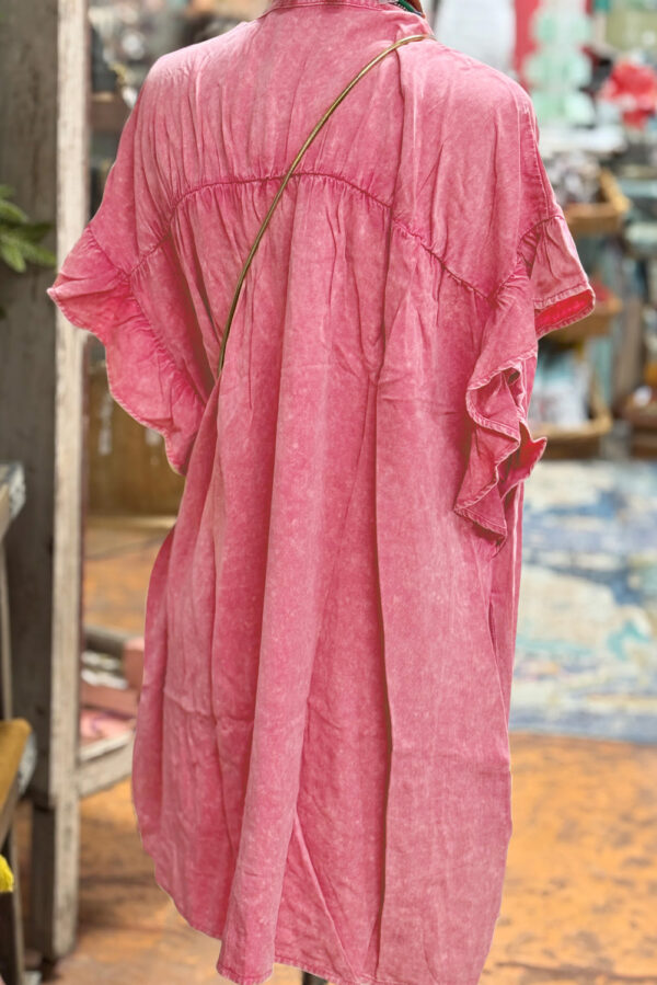 Pink Ruffled Short Sleeve Buttoned Denim Mini Dress - Image 2